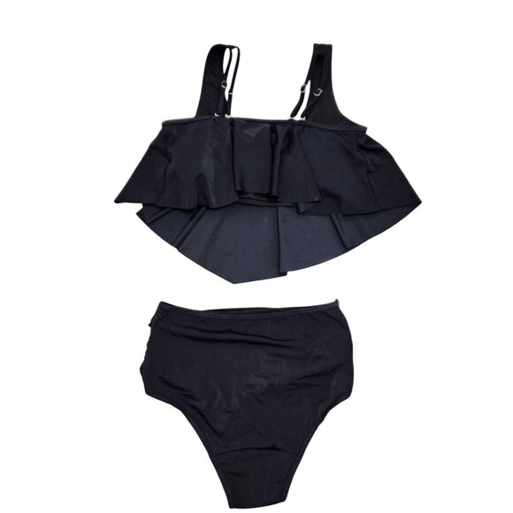 Two-Piece Black High-Waisted Bikini  Ruffle Tankini Top Adjustable Straps  SZ L - Picture 7 of 7